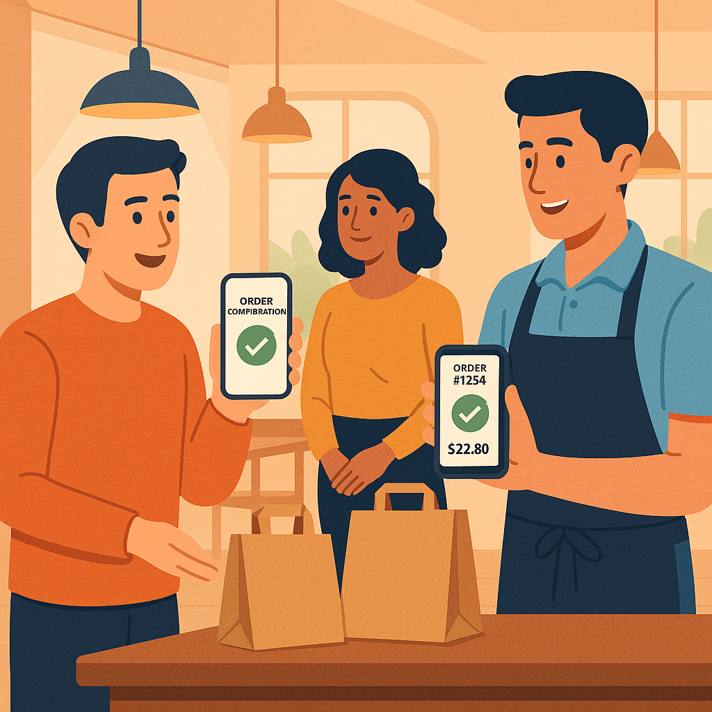 Ilustración en Hostelería, camarero validandoy recogiendo pedido Take Away Dighoreca a unos clientes