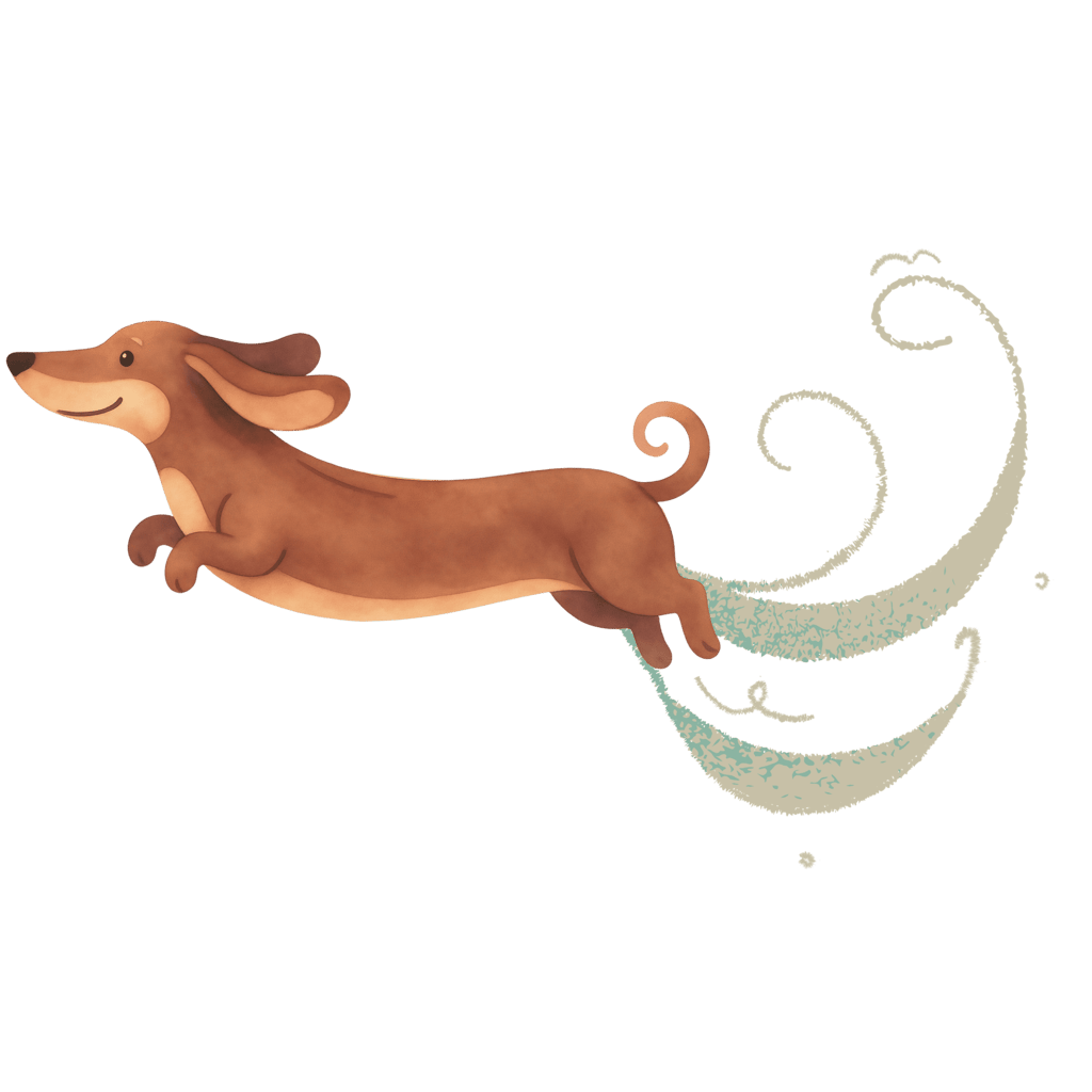 Cartoon of a dachshund leaping through the air as a billow of air follows.