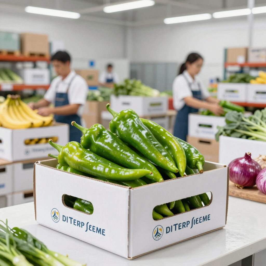 A spacious warehouse stacked with neatly packed crates of fresh agricultural produce ready for distribution.