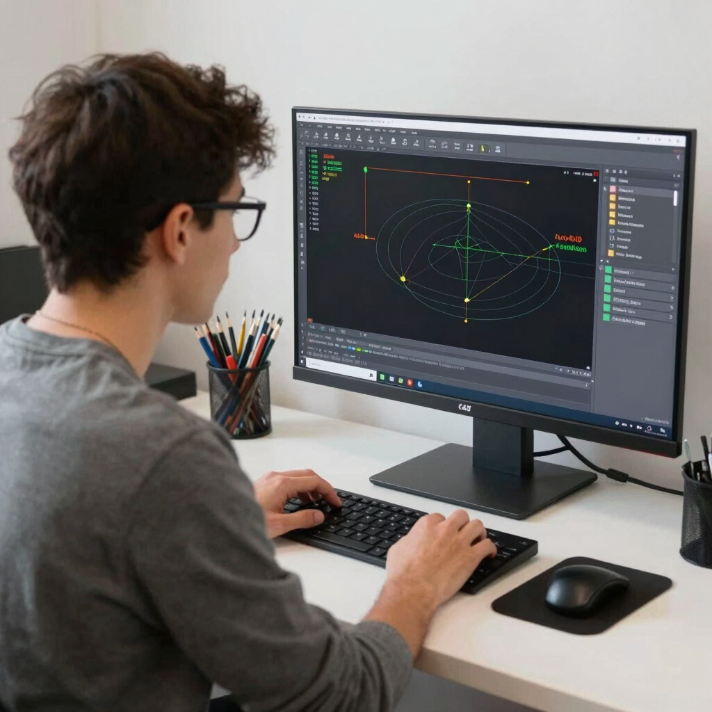 A friendly instructor helping a student with AutoCAD on a computer screen.