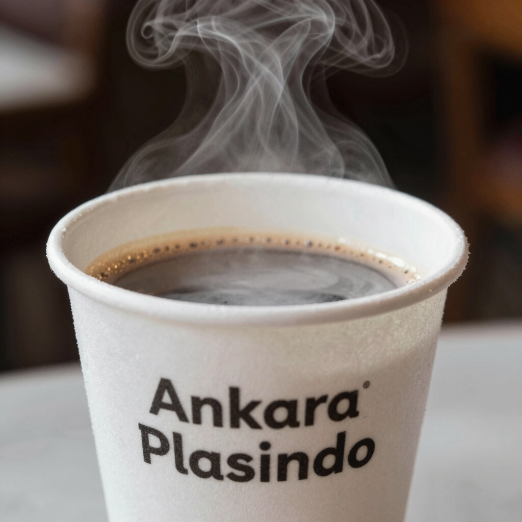 A close-up of a steaming hot coffee in a sleek, branded cafecup cup on a wooden cafe table.