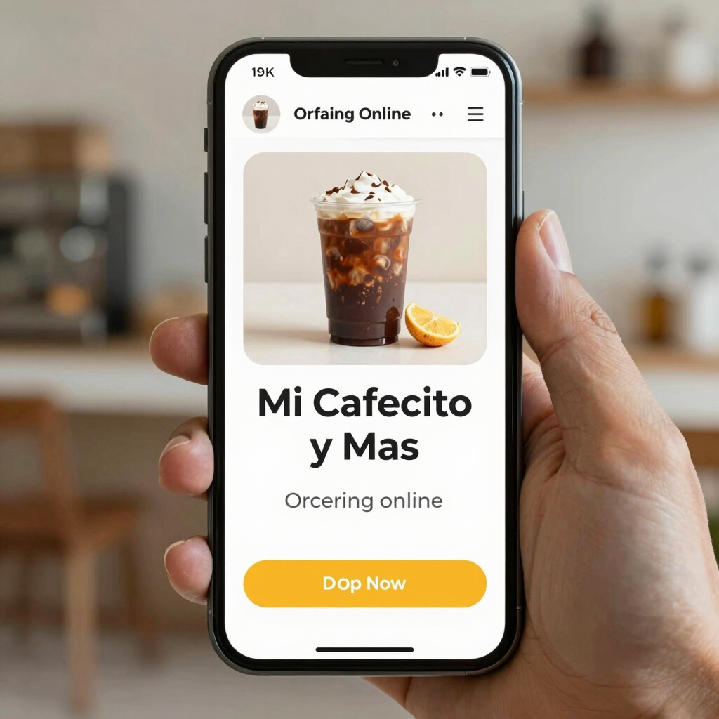 A smartphone displaying the mi cafecito y mas online menu with coffee icons and soft earthy tones.