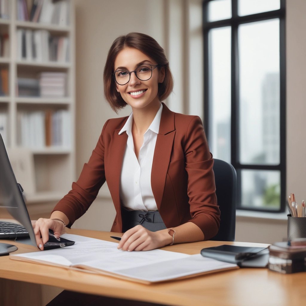 Friendly team member answering business inquiries in a modern office.