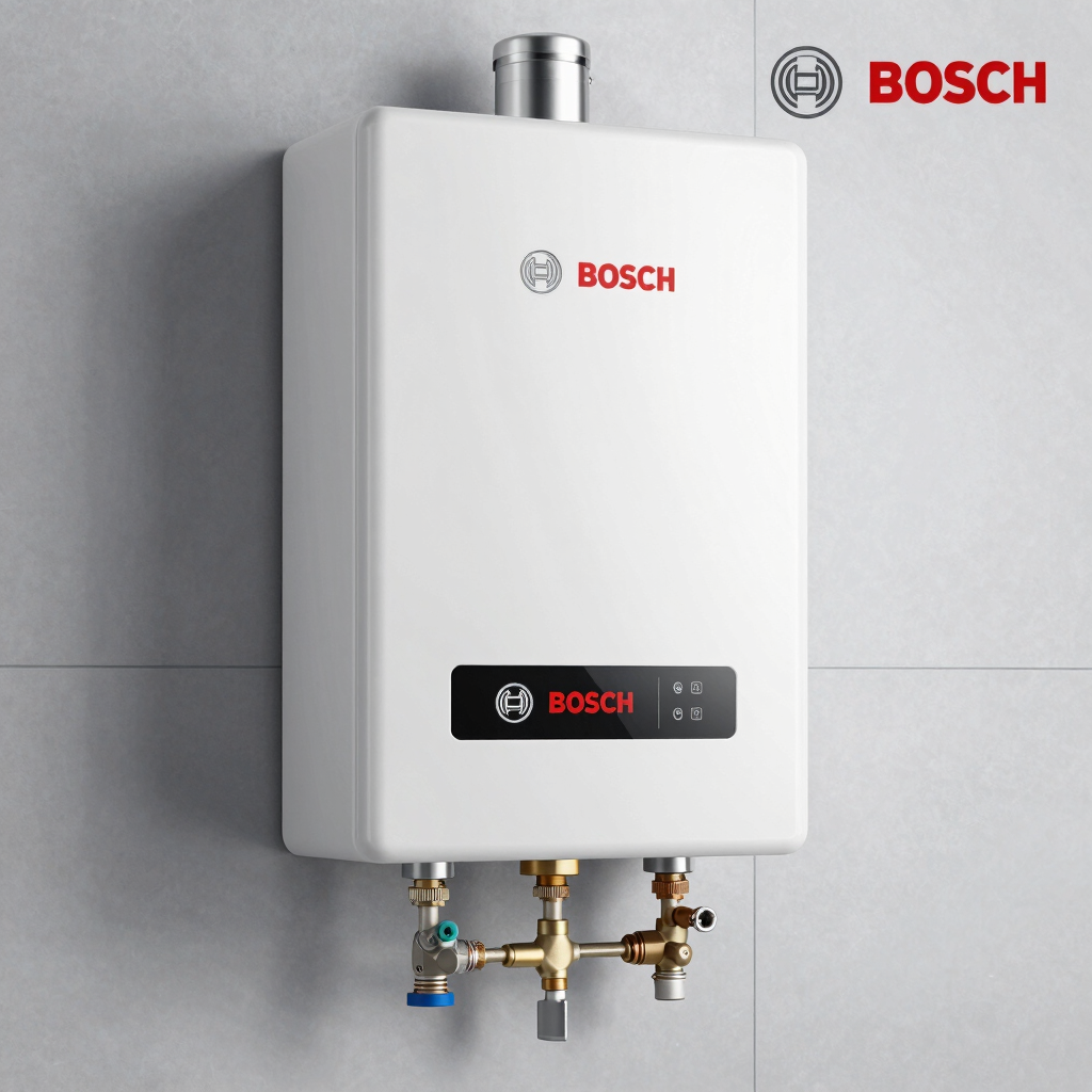 Technician repairing a Bosch gas stove in a modern kitchen.