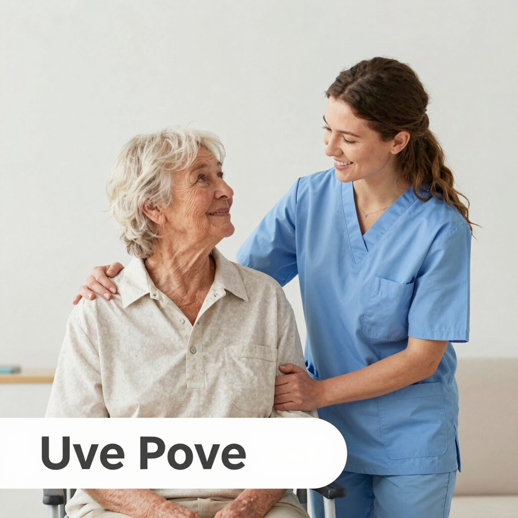 A warm, friendly caregiver assisting an elderly person in a bright, cozy home setting.