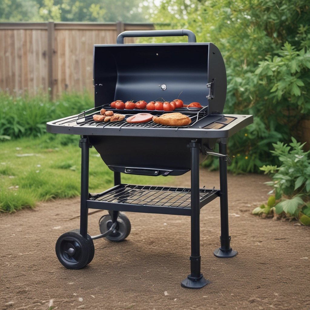 Portable black charcoal grill cooking fresh tomatoes and meat on an outdoor patio.