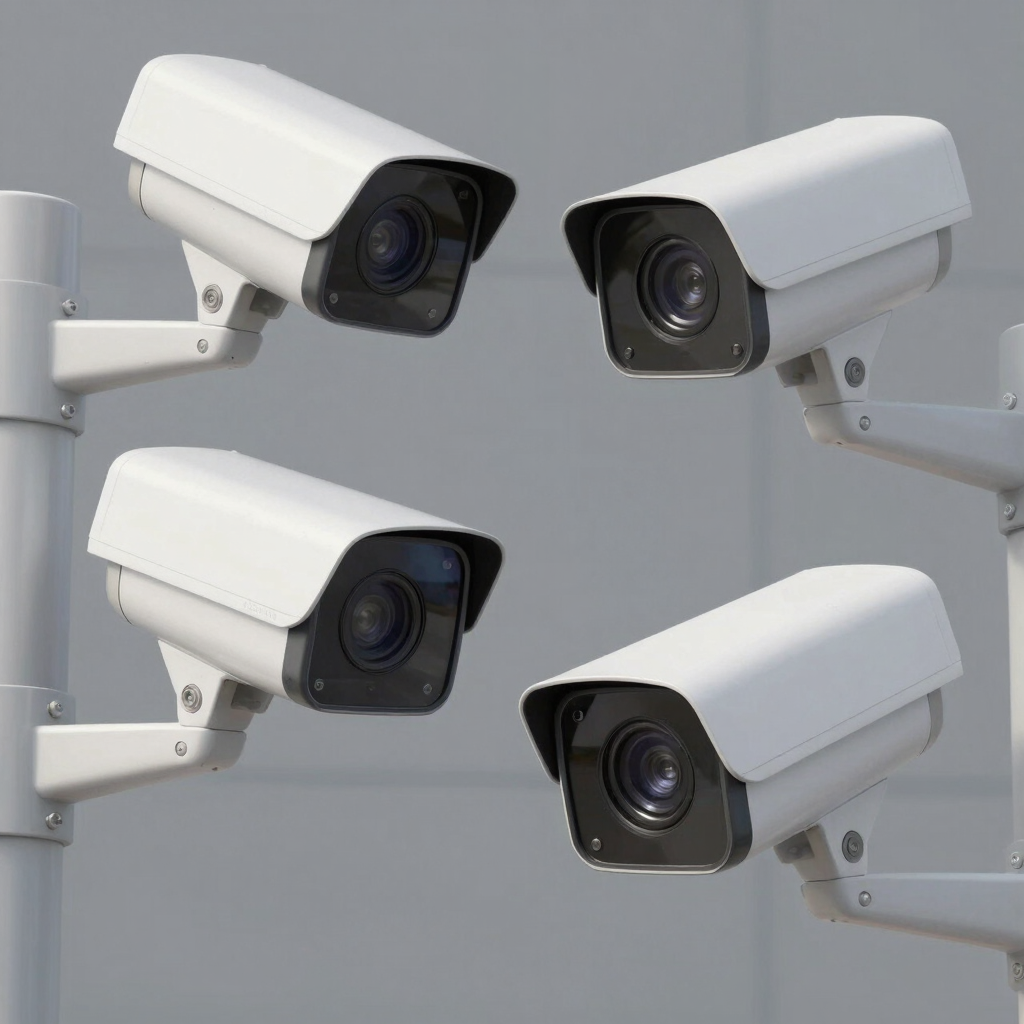 Four white outdoor security cameras mounted on a pole for building surveillance and property protection.