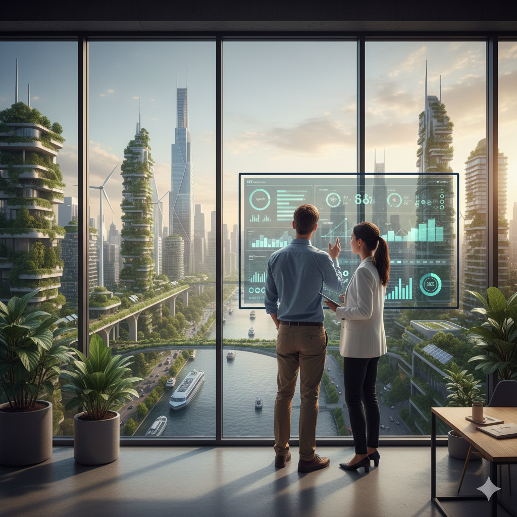 a man and woman standing in front of a large window