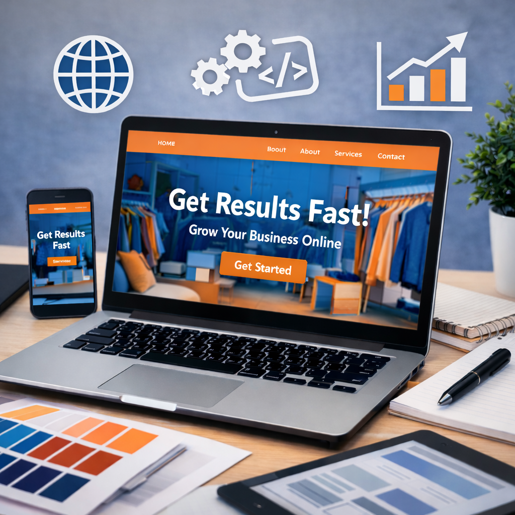 Professional web design and digital marketing services displayed on a laptop and smartphone.