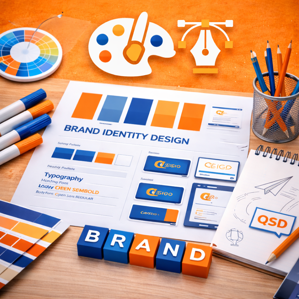 Brand identity design workspace with color palettes, typography guides, and graphic design tools.