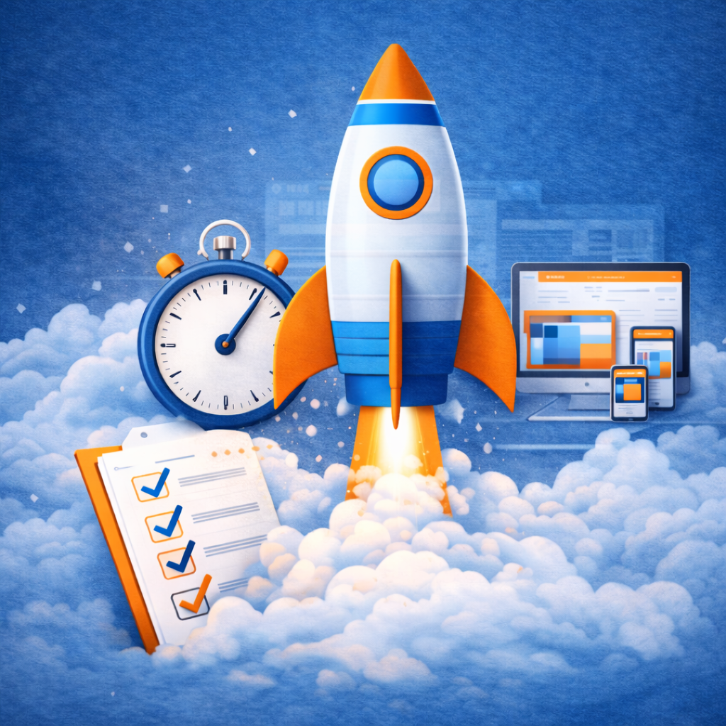 A 3D rocket launching through clouds with a stopwatch, checklist, and responsive web design screens.