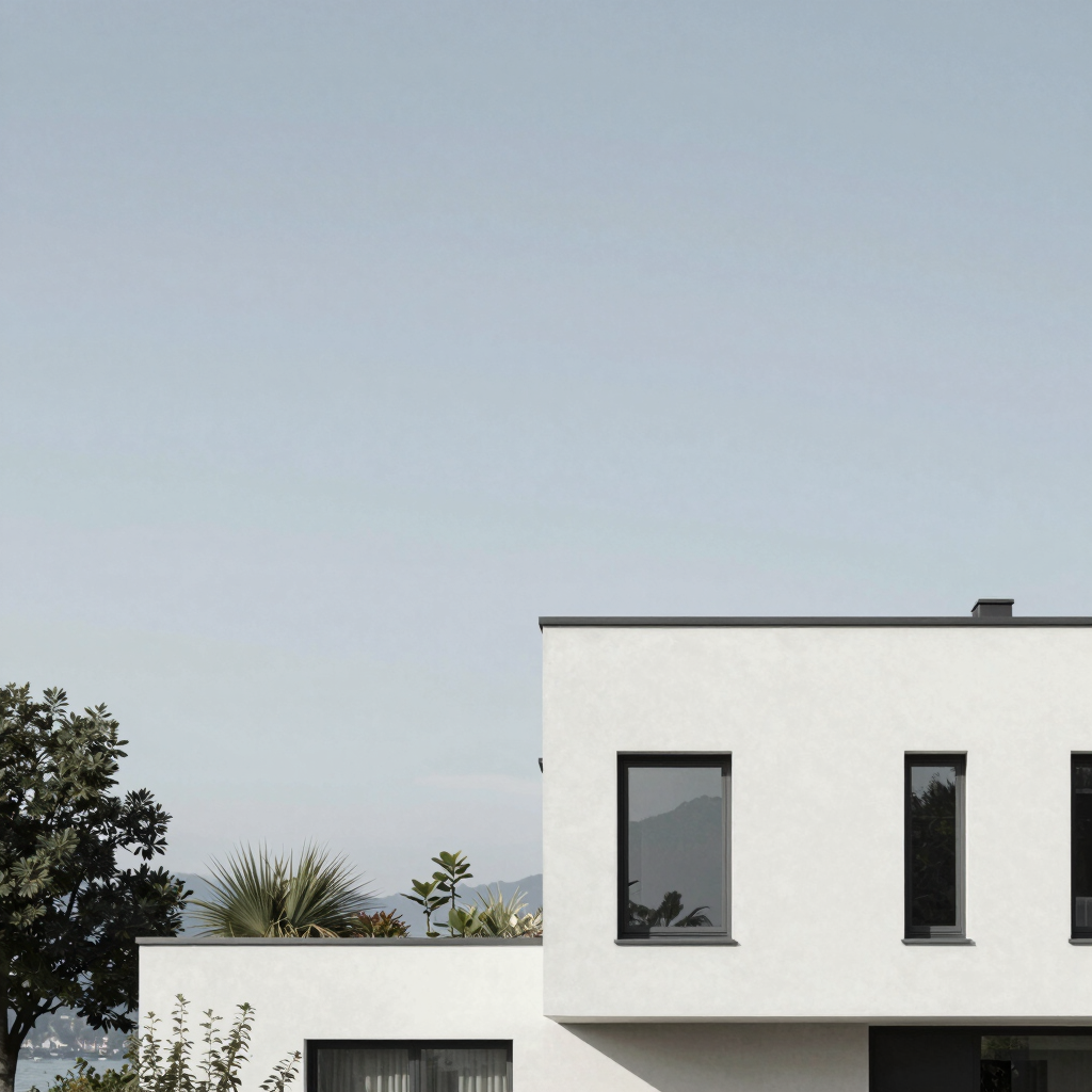 Minimalist, high-end architecture detail showing the corner of a modern financial center building against a clear sky. Focus on clean lines and professional elegance. Subtle #8E9DAA and #F8F9FA colors.