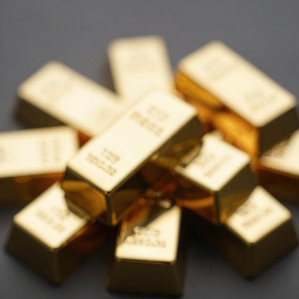 Three polished gold bullion bars with engraved serial numbers on a dark background for investment and wealth concepts.