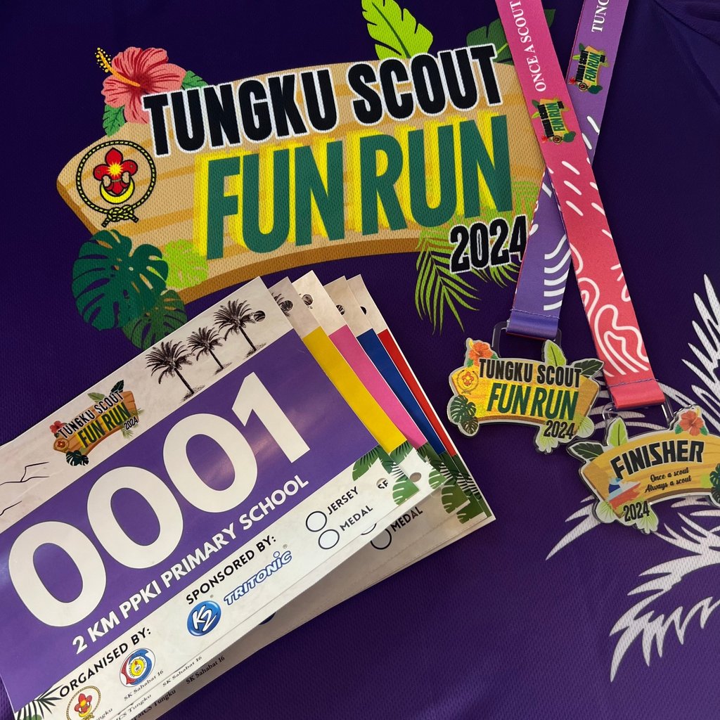 event racepack t-shirt medal bib number for event larian tungku scout fun run