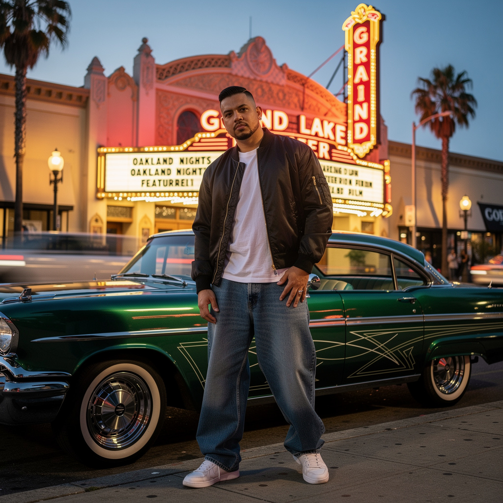 Man posing by a vintage green lowrider car in front of the Grand Lake Theater in Oakland.