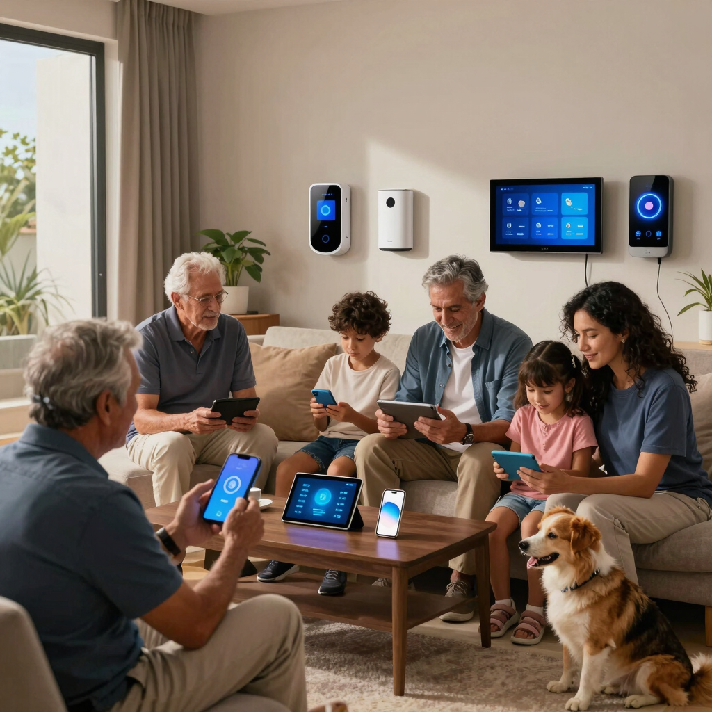 A modern residential community with controlled access and smart monitoring technology illuminated by blue lighting effects.
