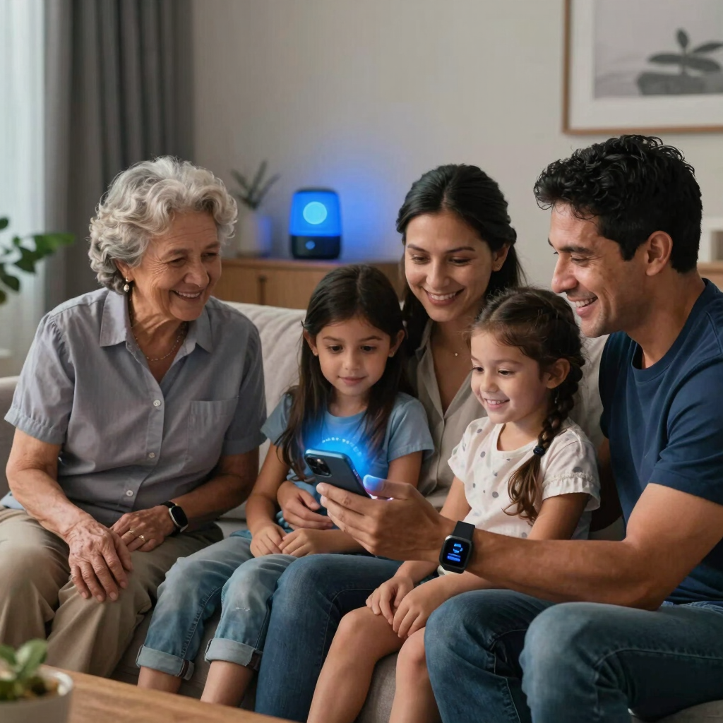 A modern residential community with controlled access and smart monitoring technology illuminated by blue lighting effects.