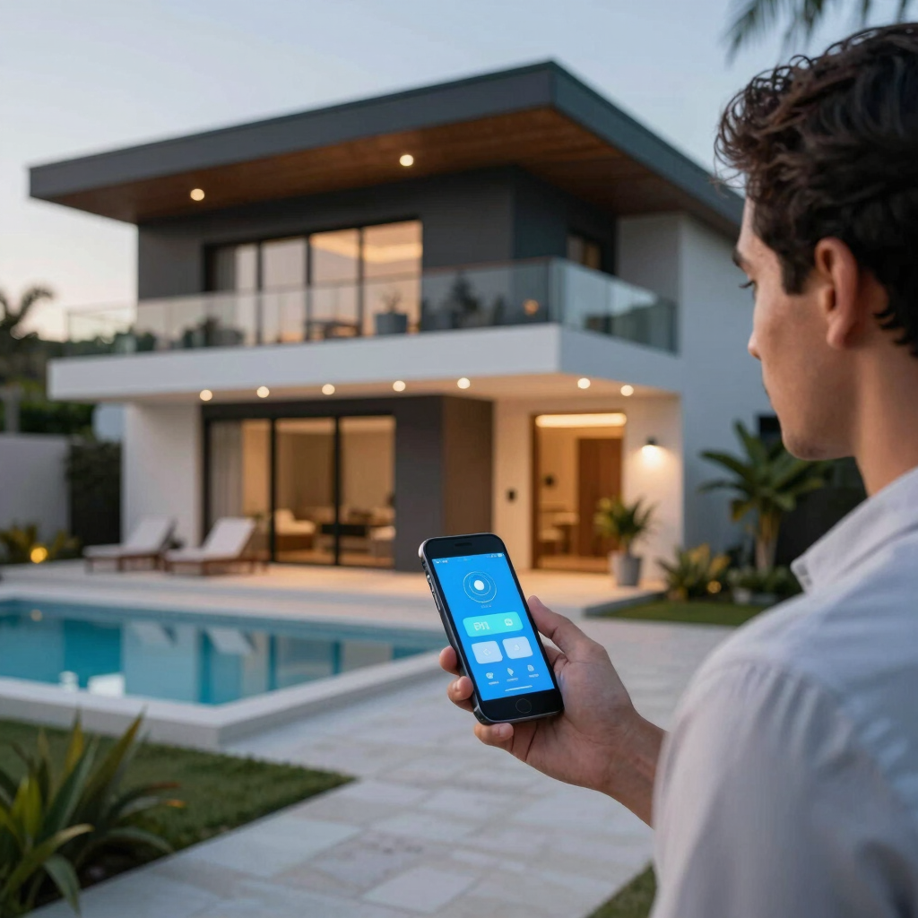 A modern residential community with controlled access and smart monitoring technology illuminated by blue lighting effects.