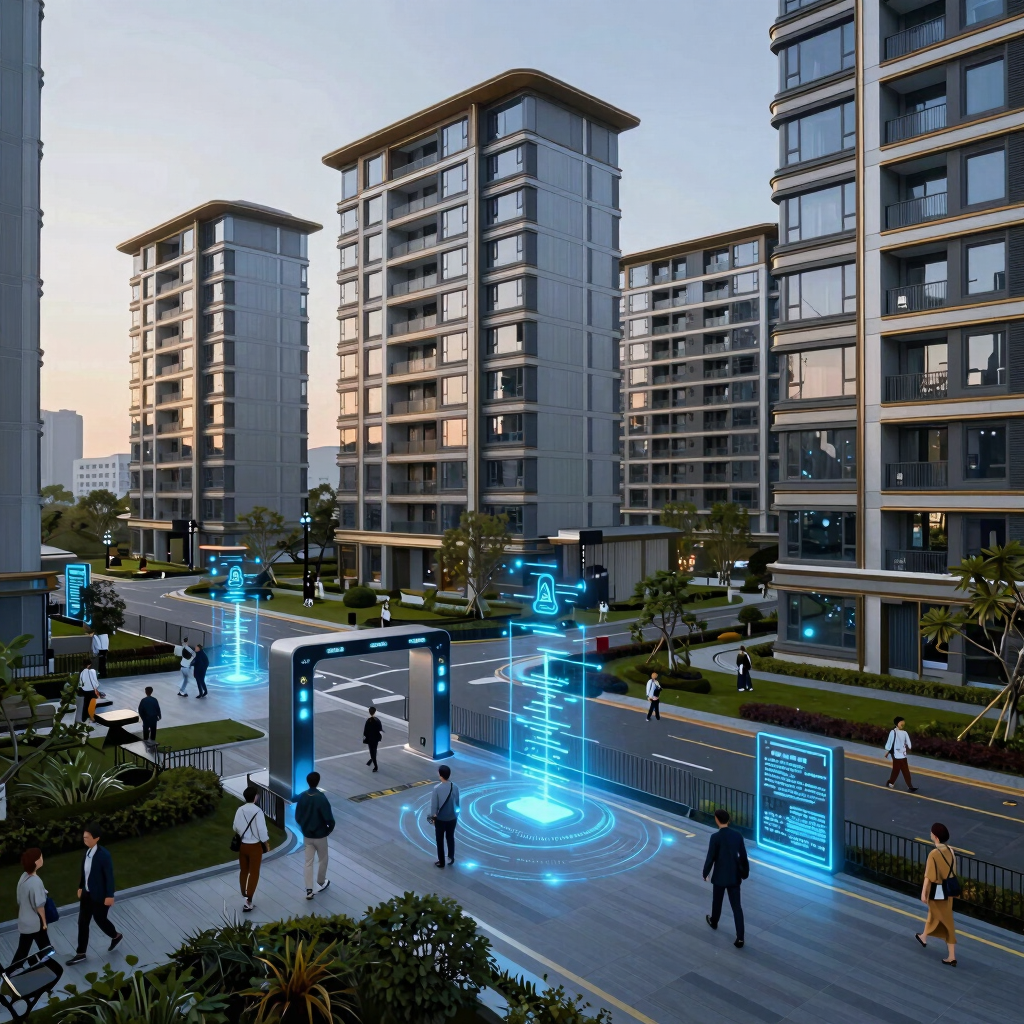 A modern residential community with controlled access and smart monitoring technology illuminated by blue lighting effects.