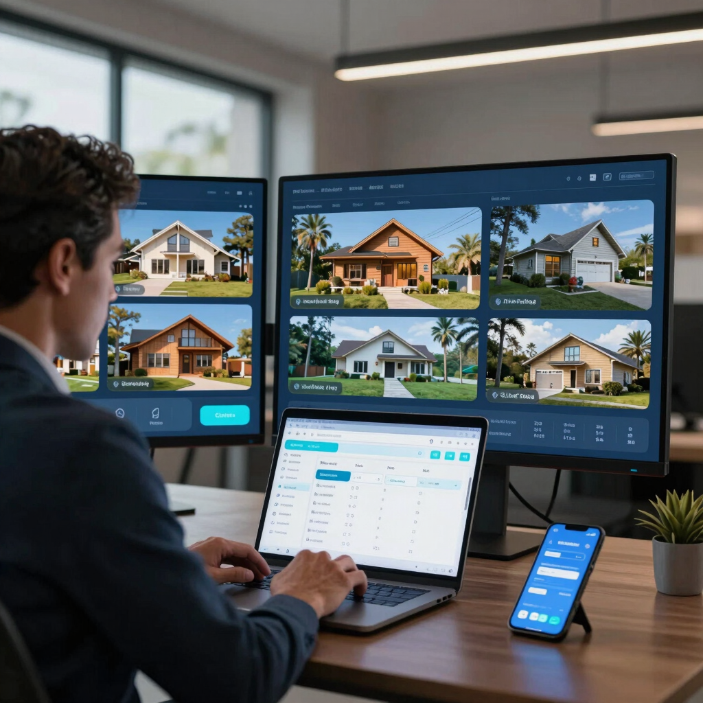 A modern residential community with controlled access and smart monitoring technology illuminated by blue lighting effects.
