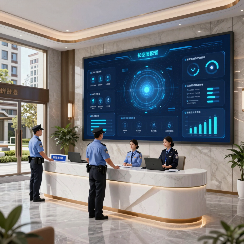 A modern residential community with controlled access and smart monitoring technology illuminated by blue lighting effects.
