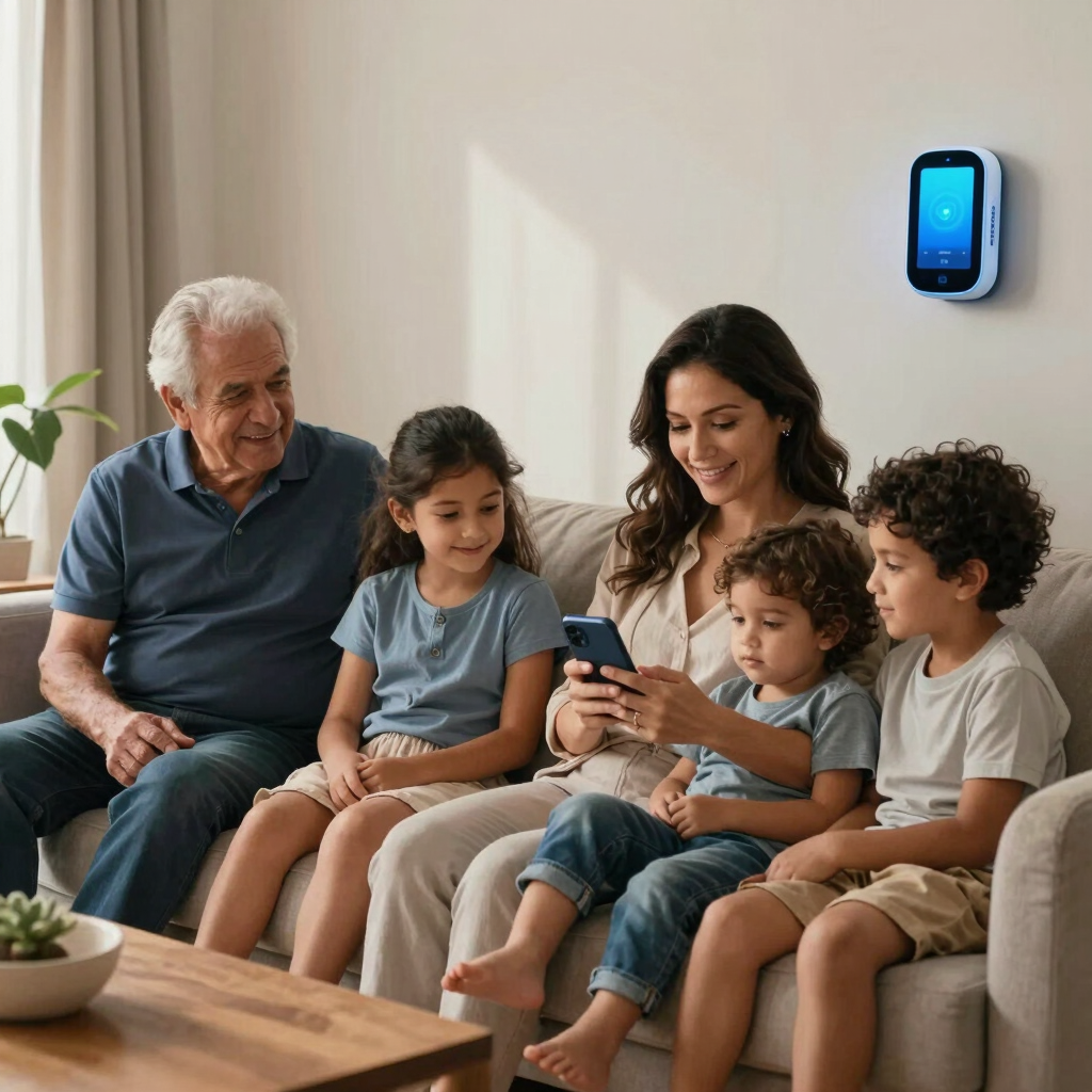 A multigenerational family using smartwatches and mobile devices subtly showing digital indicators in a warm home setting.
