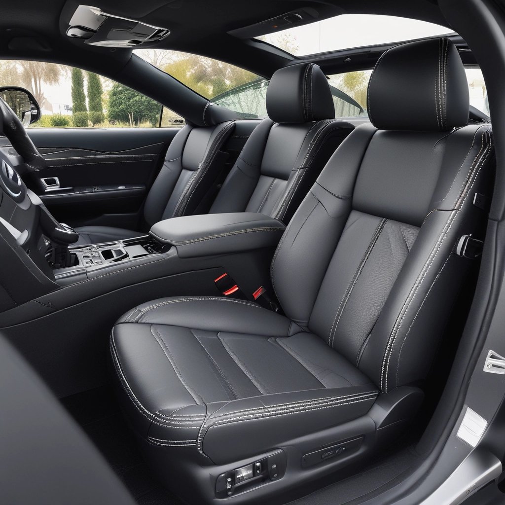 Sport car interior featuring custom black leather seats with detailed stitching and left hand drive