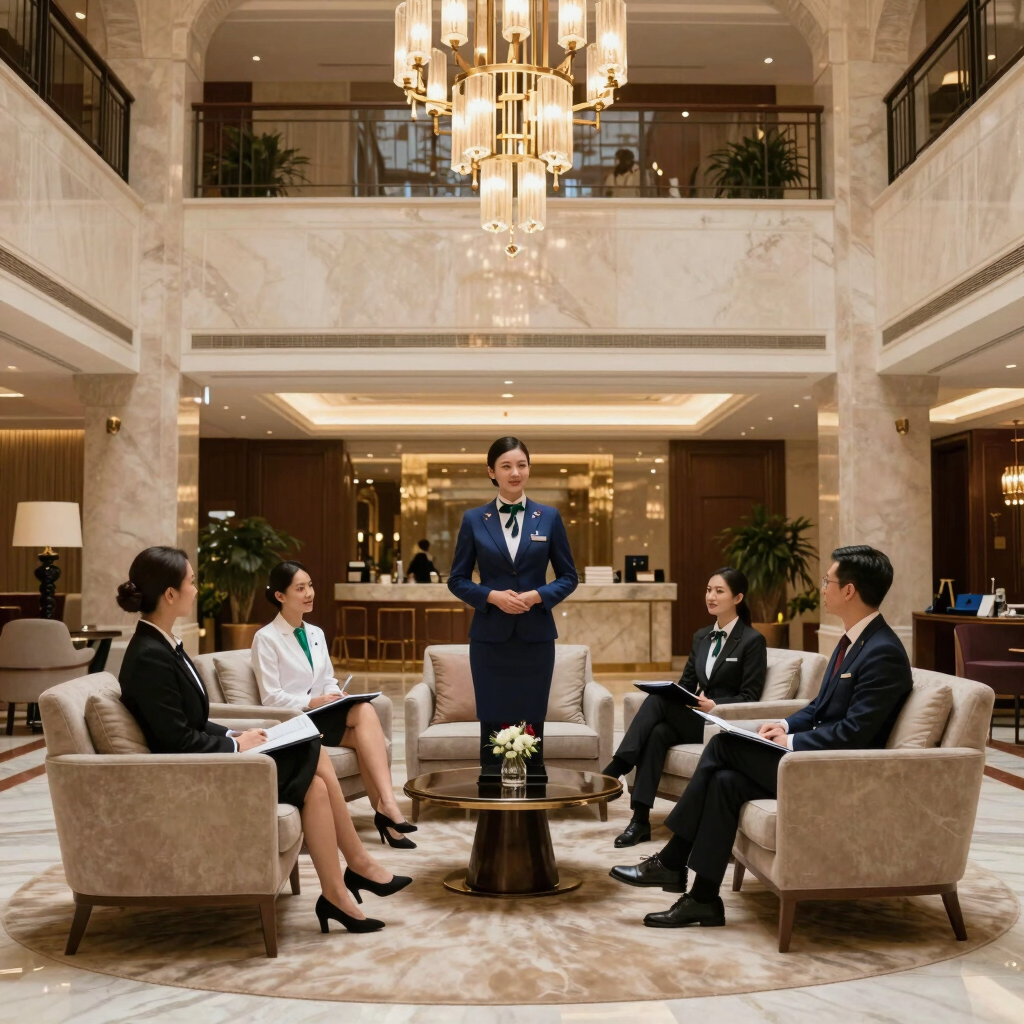 Professional businessman in a suit greeting a client in a modern office for a corporate meeting.