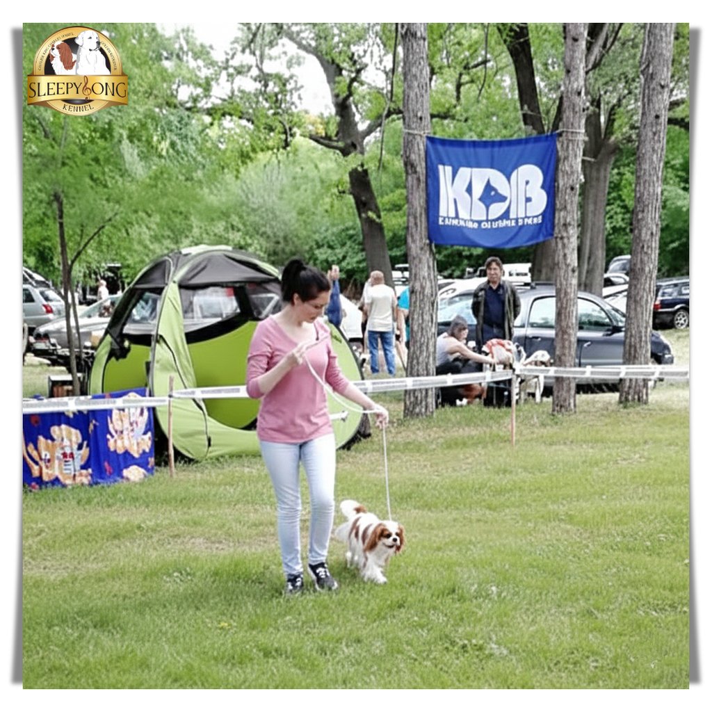 Cavalier King Charles Spaniel, Blenheim female winning dog show from Sleepysong Kennel.