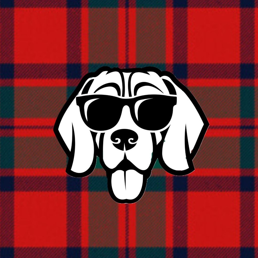 A black & white icon of a hound dog - wearing sunglasses - on a red, black & green tartan background