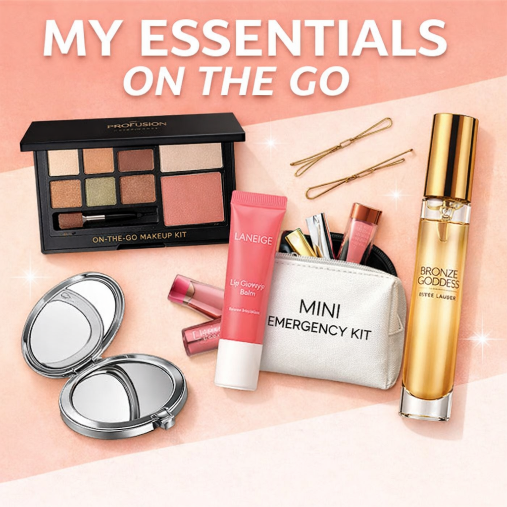A mini emergency kit with travel-sized makeup essentials, Laneige lip balm, and Estee Lauder perfume.