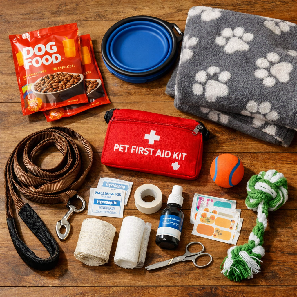 Emergency pet first aid kit with dog food, leash, blanket, and medical supplies on a wooden surface.