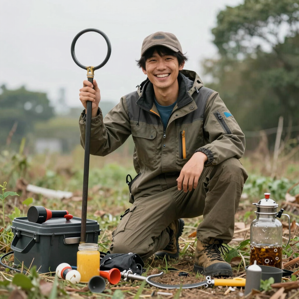 Smiling man in outdoor gear kneeling in a field with metal detecting equipment and camping supplies.