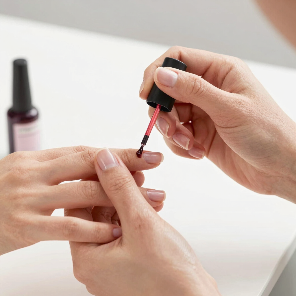 A manicurist applying dark red gel nail polish to a client's fingernail at a salon.