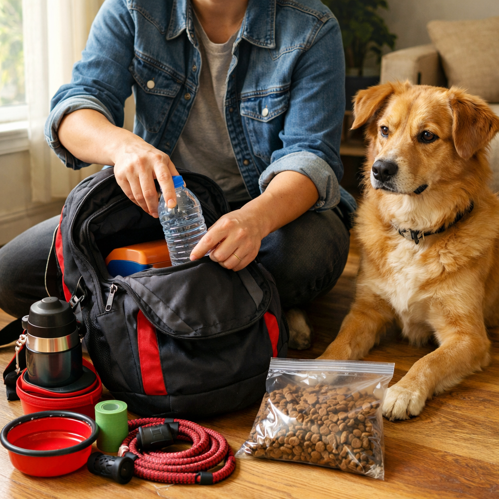 Person packing a dog travel bag with water, food, and supplies next to a golden dog.