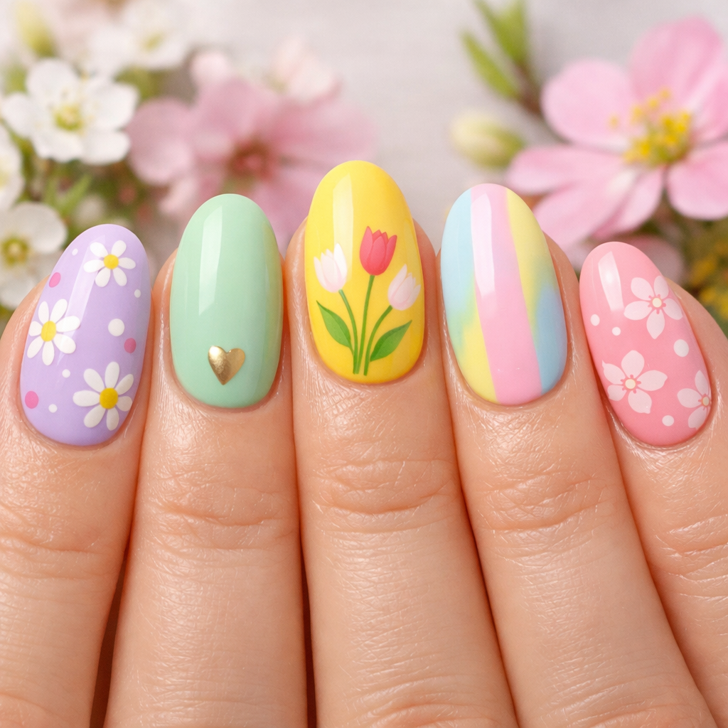 Spring pastel manicure featuring floral nail art, tulips, and daisies on colorful almond shaped nails.