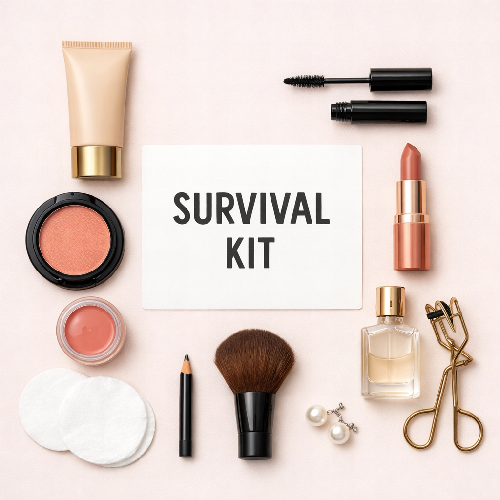 Flat lay of a beauty survival kit featuring foundation, lipstick, mascara, and makeup brushes on a pink background.