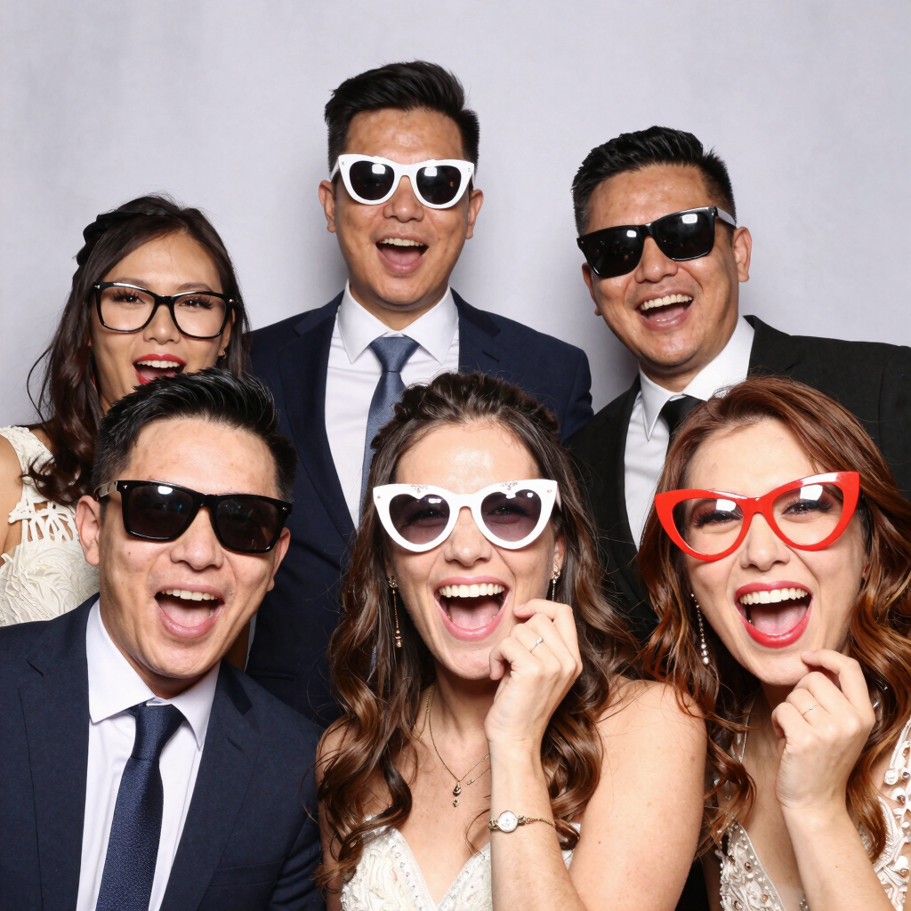 Guests at a birthday party laughing and posing with playful photo booth accessories.