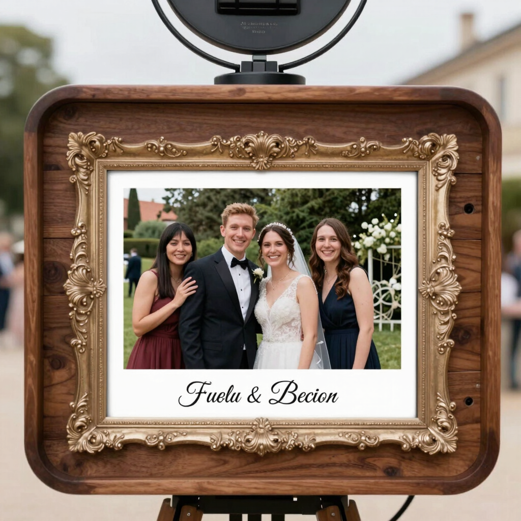 Close-up of hands holding freshly printed photo strips with colorful event branding
