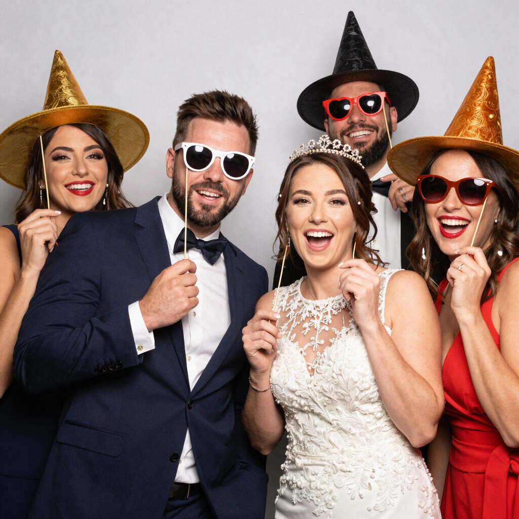 Guests laughing and posing in front of a modern photobox at a lively wedding party