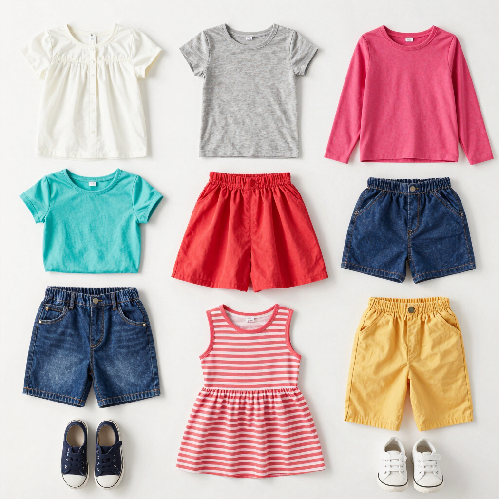 A cozy flat lay of preloved women's clothing and accessories on a wooden table.