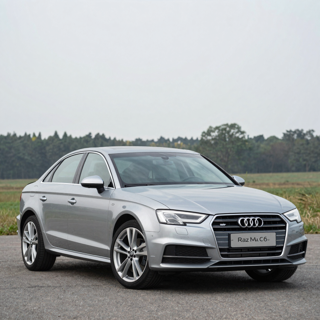A silver Audi A3 sedan parked on a road with a scenic green field and forest background.