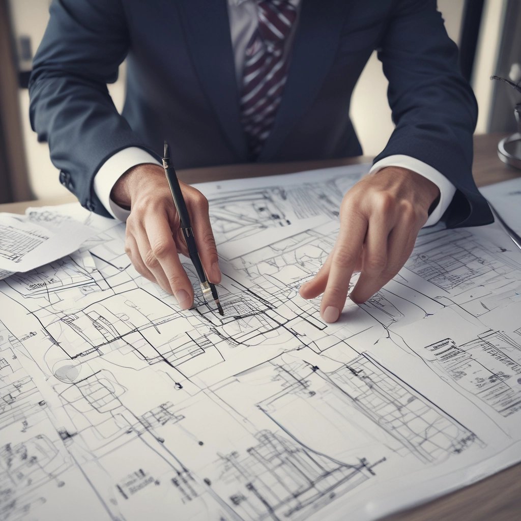 A confident consultant discussing strategy with clients in a modern office.