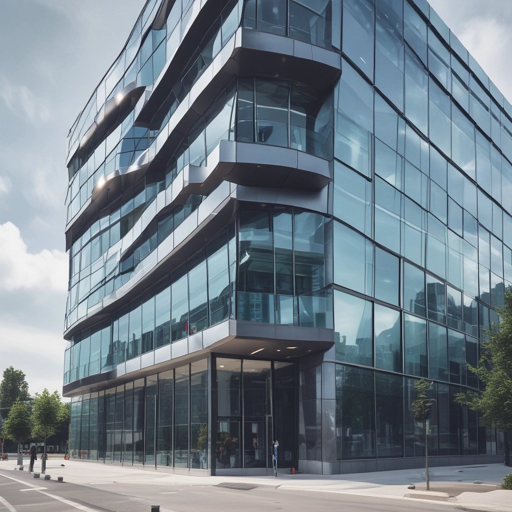 City skyline with corporate office buildings reflecting sunset light.