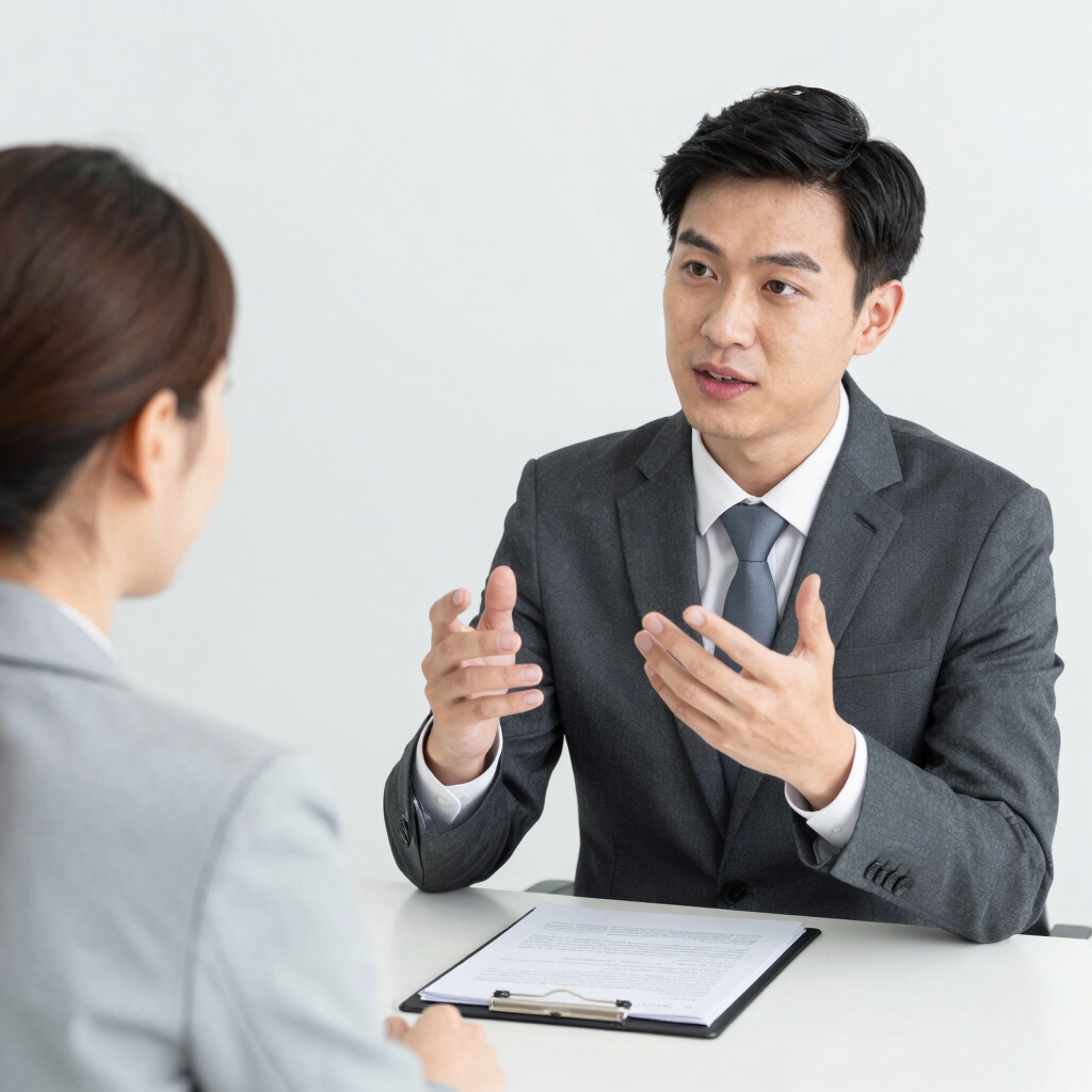 A professional Asian businessman in a suit gestures while interviewing a candidate for a job.