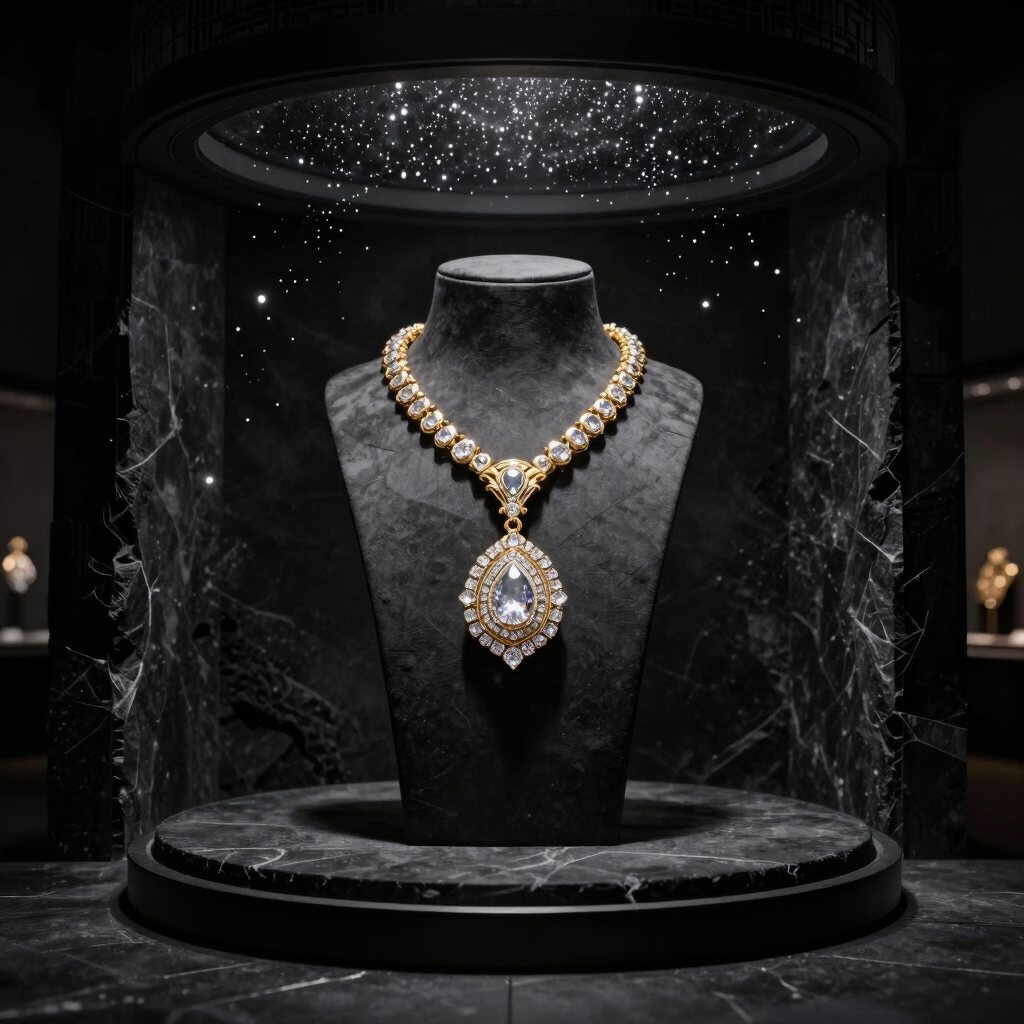 Close-up of delicate gold jewelry catching the glow of a pale moonlight against a midnight noir background.