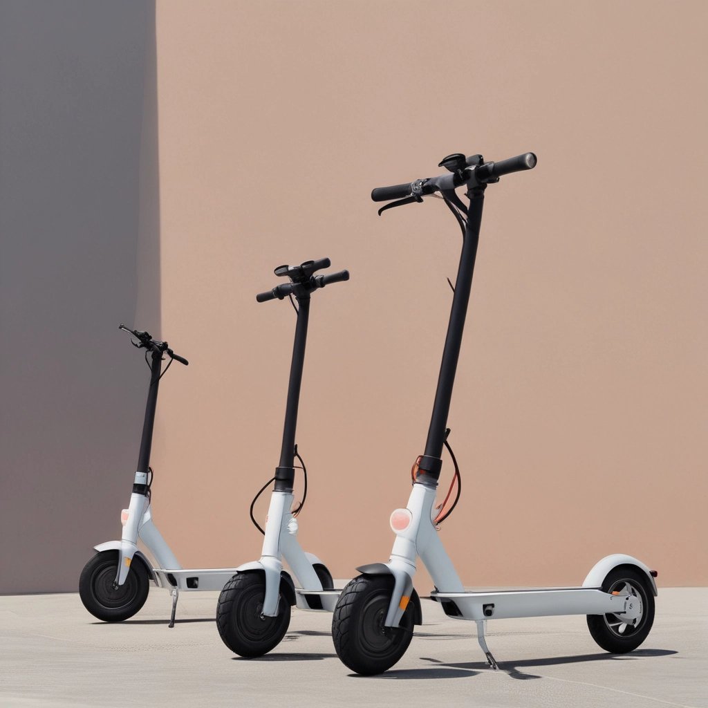 A close-up of a sleek electric scooter parked on a city street with a soft focus background of urban buildings.