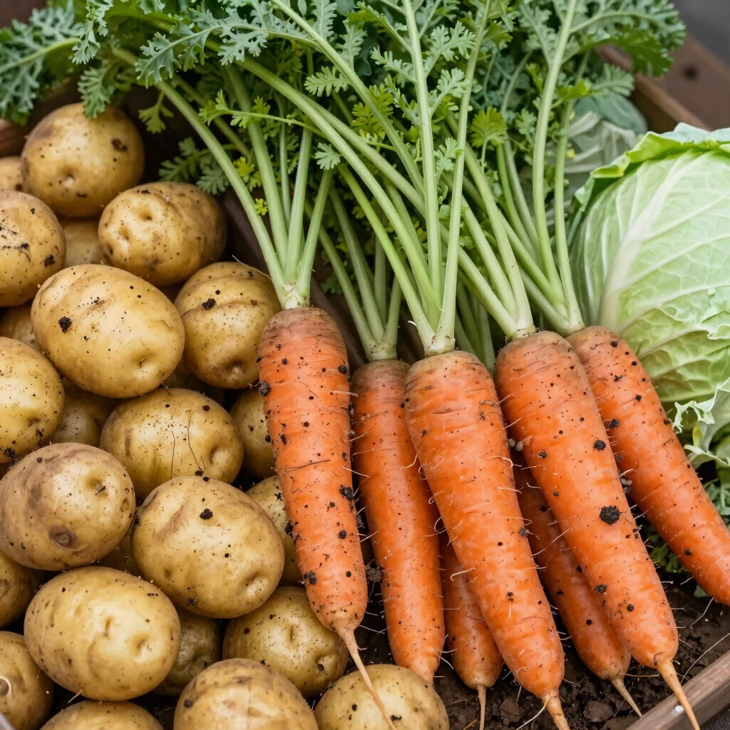 A vibrant farmer's market stall displaying fresh carrots, cabbages, and leafy greens under natural sunlight.