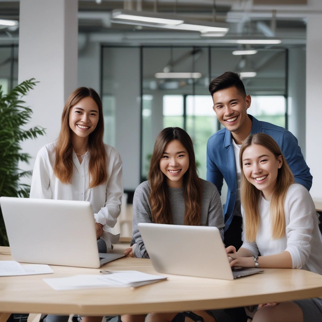 A vibrant team brainstorming ideas around a table filled with colorful notes and laptops.