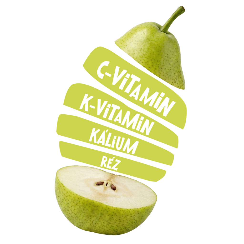 Fekete háttér előtt lebegő, felszeletelt zöld körte, amely C, K-vitamin, kálium és réz tartalmaz